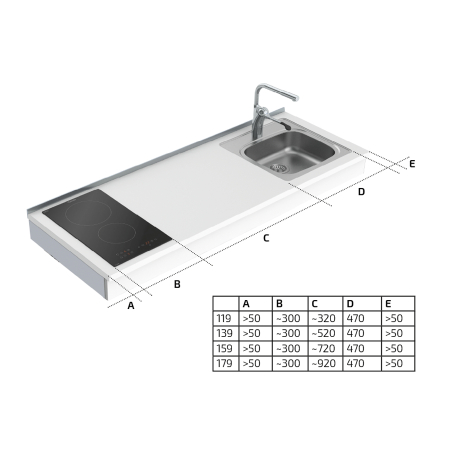 Dimensions - Wall Mounted Manual Height Adjustable Mini Kitchen 6380-ES11S2